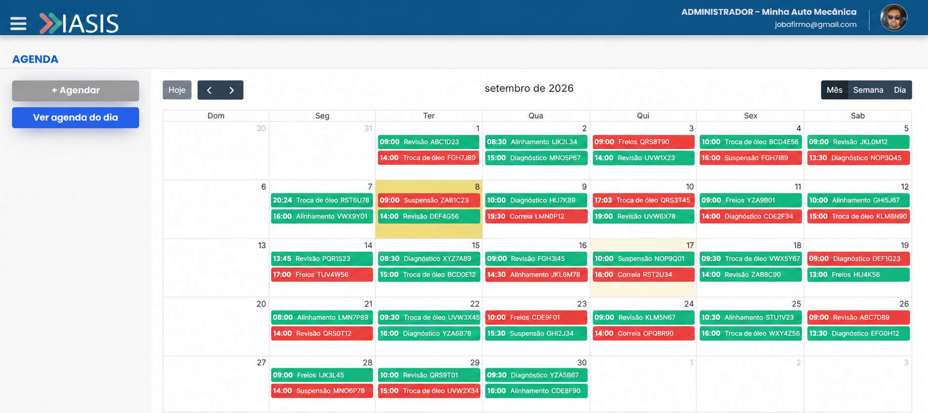 Agenda mensal do IASIS com serviços e horários da oficina