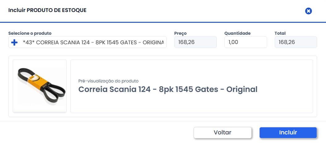 Janela de inclusão de produto de estoque do IASIS com pré-visualização da peça