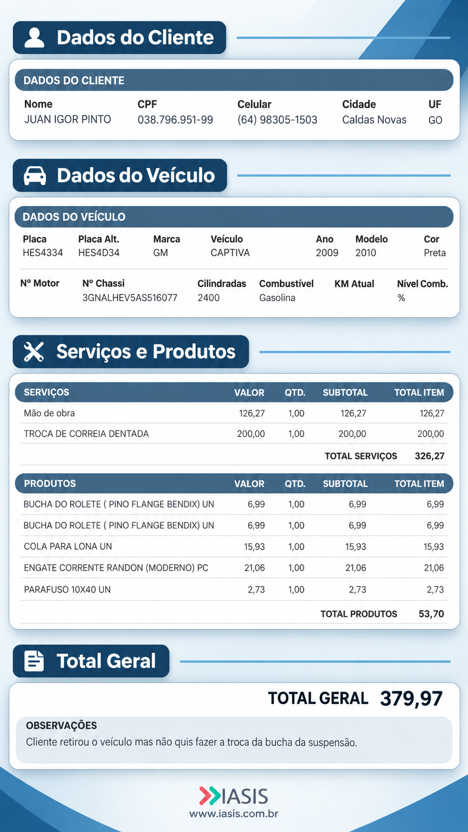Documento de ordem de serviço do IASIS com dados do cliente, veículo, serviços, produtos e total geral